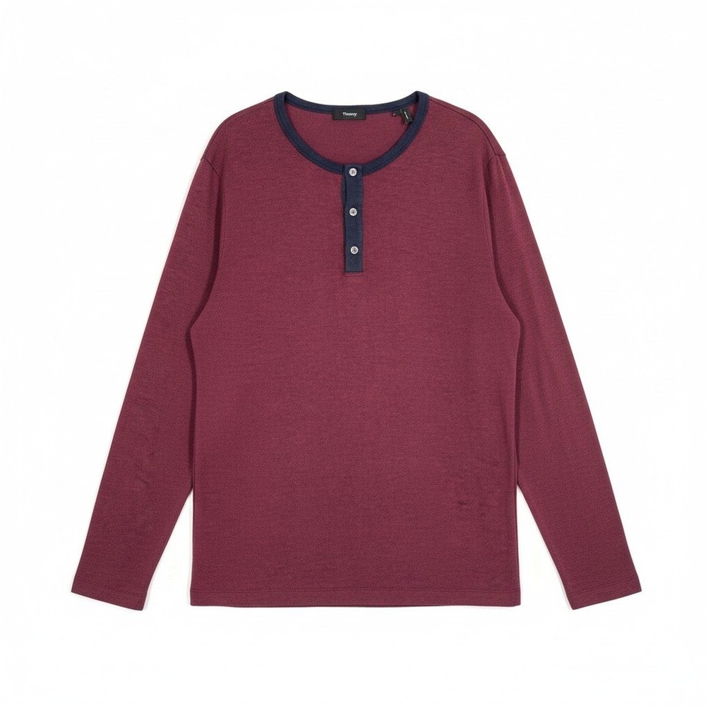 Theory Contrast Henley Long Sleeve Shirt Burgundy Navy Modal Knit Size XL